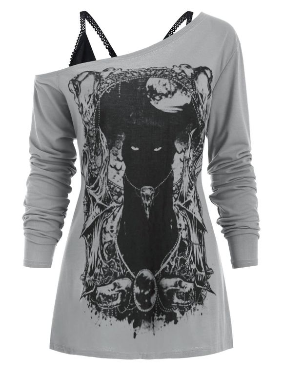 T-shirt Gothique Chat à Col Oblique avec Haut à Bretelle - Cuirassé Gris M