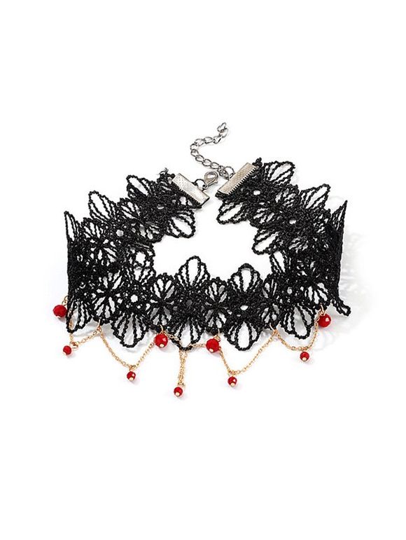 Collier Ras-du-Cou d'Halloween Fleuri Perlé en Dentelle à Frange - Noir 