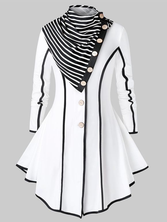 Manteau Ourlet Contrasté à Simple Boutonnage de Grande Taille avec Echarpe - Blanc 1X