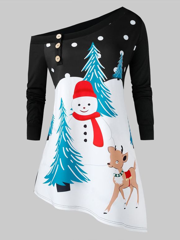 Sweat-shirt Asymétrique Bonhomme de Neige Imprimé de Noël de Grande Taille à Col Oblique - multicolor L