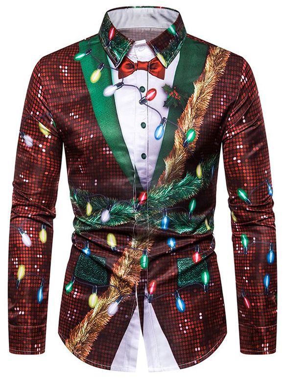 Christmas Faux Sequins Button Up Tuxedo Shirt - multicolor L