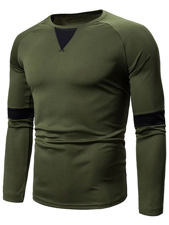 T-shirt Décontracté en Couleur Jointive à Manches Longues - Vert Armée 3XL