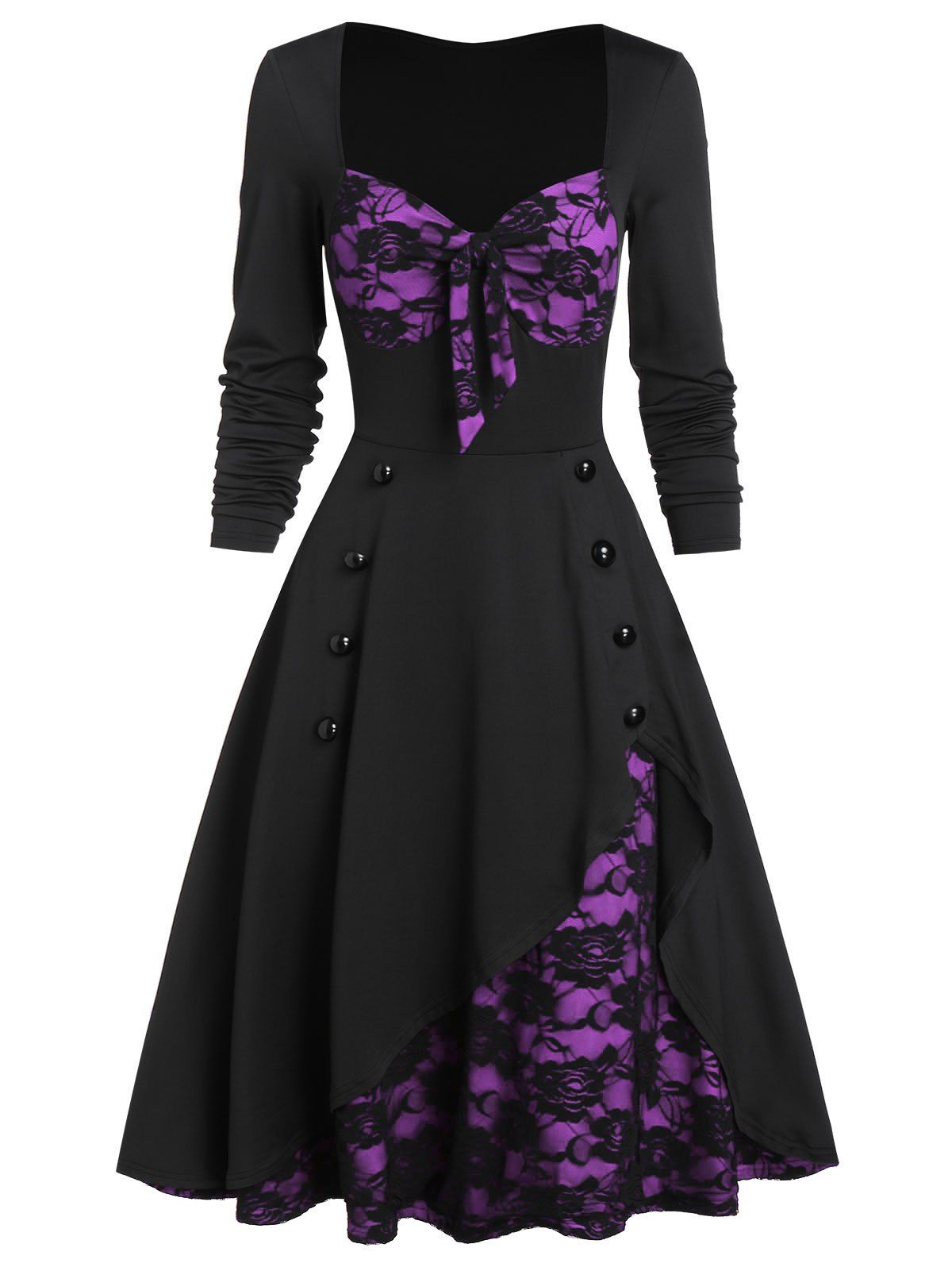 [33% OFF] 2021 Flower Lace Insert Mock Button Bowknot Vintage Dress In ...
