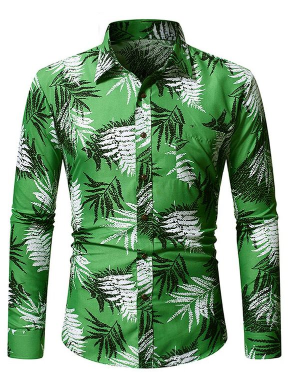 T-shirt Boutonné Hawaiien Feuille Imprimée - Vert 2XL