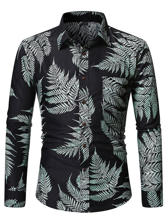 T-shirt Boutonné Hawaiien Feuille Imprimée - Noir XL