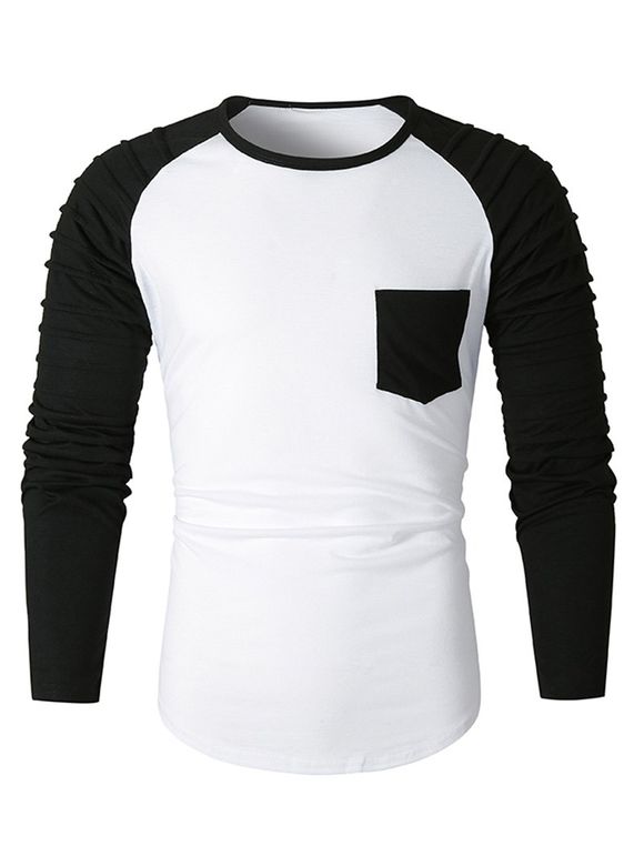 T-shirt en Blocs de Couleurs Jointif Plissé à Manches Raglan avec Poche Poitrine - Blanc XL