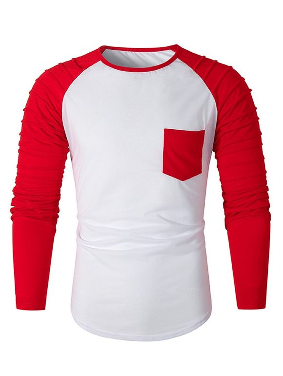 T-shirt en Blocs de Couleurs Jointif Plissé à Manches Raglan avec Poche Poitrine - Rouge 3XL