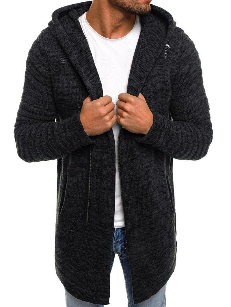 

Ripped Zip Up Long Hooded Cardigan, Gray