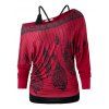 Plus Size Skew Neck Feather Print T Shirt And Tank Top Set - RED WINE 3X