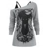 T-shirt Gothique Chat à Col Oblique avec Haut à Bretelle - Cuirassé Gris 3XL