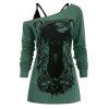 T-shirt Gothique Chat à Col Oblique avec Haut à Bretelle - Vert Noisette 3XL