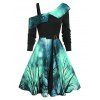 Robe Asymétrique d'Halloween Ciel Etoilé Anneau en O à Col Oblique Longueur à Genou - Vert profond 3XL