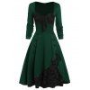 Robe Vintage Fleur en Dentelle Insérée Boutonnée avec Nœud Papillon - Vert profond S