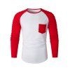 T-shirt en Blocs de Couleurs Jointif Plissé à Manches Raglan avec Poche Poitrine - Rouge XL