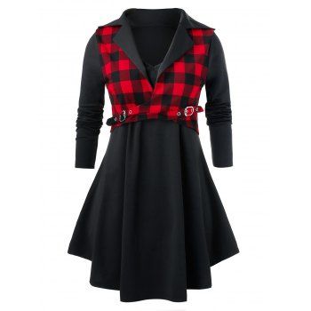 

Plus Size Plaid Panel Long Sleeve Lapel T Shirt, Black
