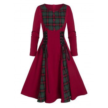 

A Line Zippered Plaid Panel Lace Up Dress, Red wine