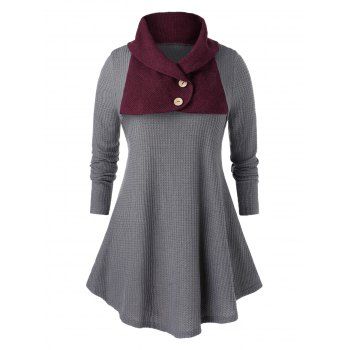 

Plus Size Contrast Turn-down Collar Tunic Sweater, Dark gray