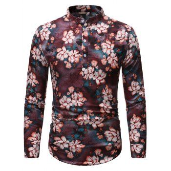 

Vintage Floral Print Stand Collar Henley Shirt, Multicolor