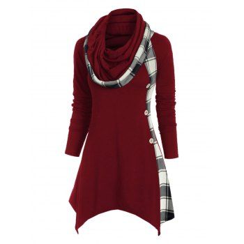 

Plaid Convertible Neck Mock Button Handkerchief T-shirt, Red wine