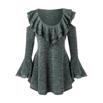 

Plus Size Cold Shoulder Ruffled Bell Sleeve Top, Medium aquamarine