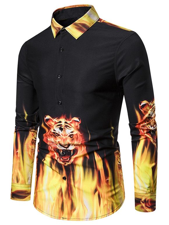 Chemise Motif de Tigre et de Flamme à Manches Longues - Noir 2XL
