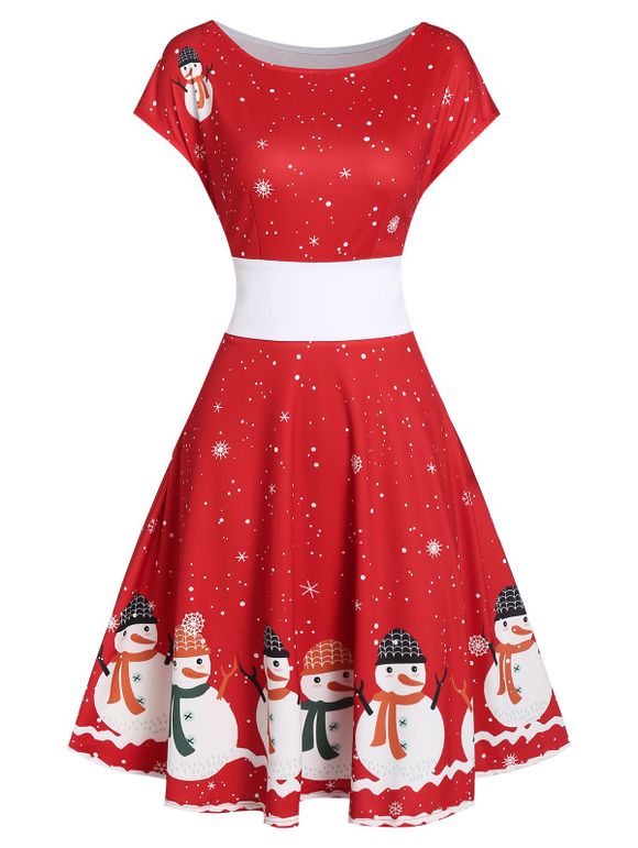 Robe de Soirée de Noël Vintage Bonhomme de Neige et Flocon de Neige Imprimés - Rouge 3XL