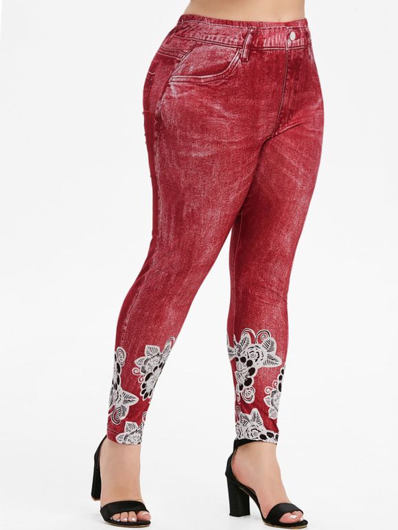 Legging 3D Fleuri Imprimé à Taille Haute Grande Taille - Rouge 4X