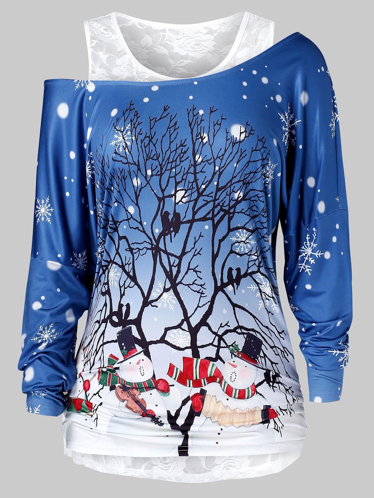 Plus Size Skew Neck Christmas Printed T Shirt And Lace Top Set - DEEP BLUE L