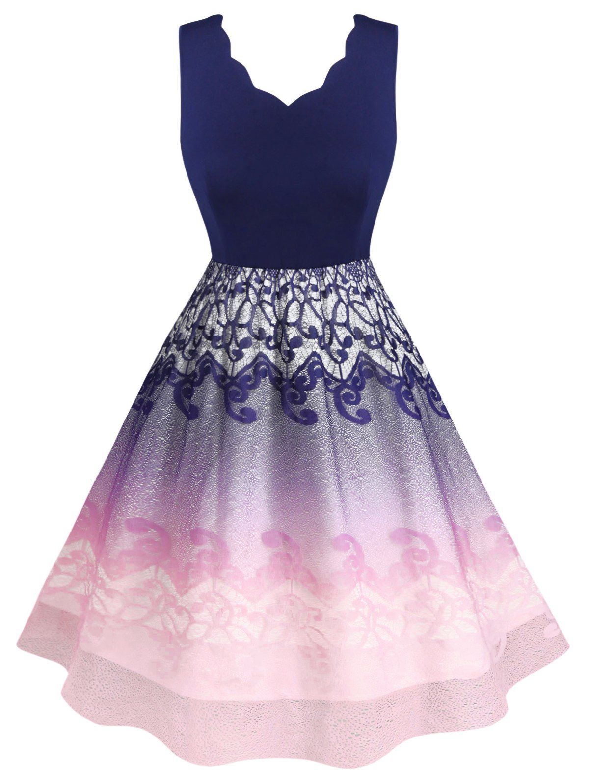 

Ombre Lace Panel Scalloped Edge Plus Size Dress, Blue
