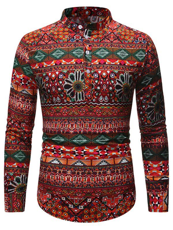 

Ethnic Geometric Pattern Stand Collar Henley Shirt, Multi-a