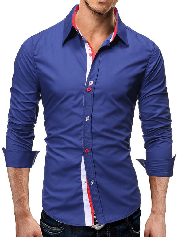 Chemise Boutonnée Ourlet Contrasté à Manches Longues - Bleu XL