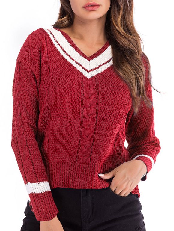 Striped-detail Cable Knit Jumper - RED XL