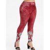 Legging 3D Fleuri Imprimé à Taille Haute Grande Taille - Rouge 4X
