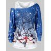 Ensemble de Haut en Dentelle et de T-Shirt de Noël Imprimé Grande Taille à Col Oblique - Bleu profond 3X