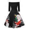Robe de Noël Ligne A Imprimée à Epaule Dénudée de Grande Taille - Noir 3X
