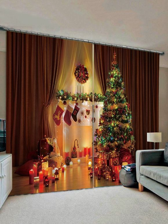 Rideaux de Fenêtre Sapin de Noël et Bougie Imprimés 2 Panneaux - multicolor W33.5 X L79 INCH X 2PCS