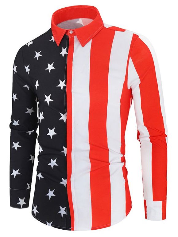 T-shirt Drapeau Américain Etoile et Rayure avec Bouton Caché - multicolor 3XL