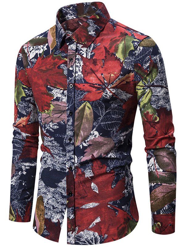 

Maple Leaf Floral Print Slim Fit Button Casual Shirt, Cherry red