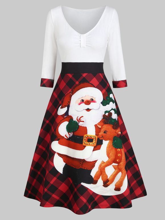 Robe Mi-Longue Père Noël à Carreaux à Col V - multicolor XL
