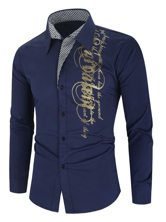 Chemise Boutonnée Lettre Graphique à Carreaux Imprimé à Manches Longues - Cadetblue 3XL