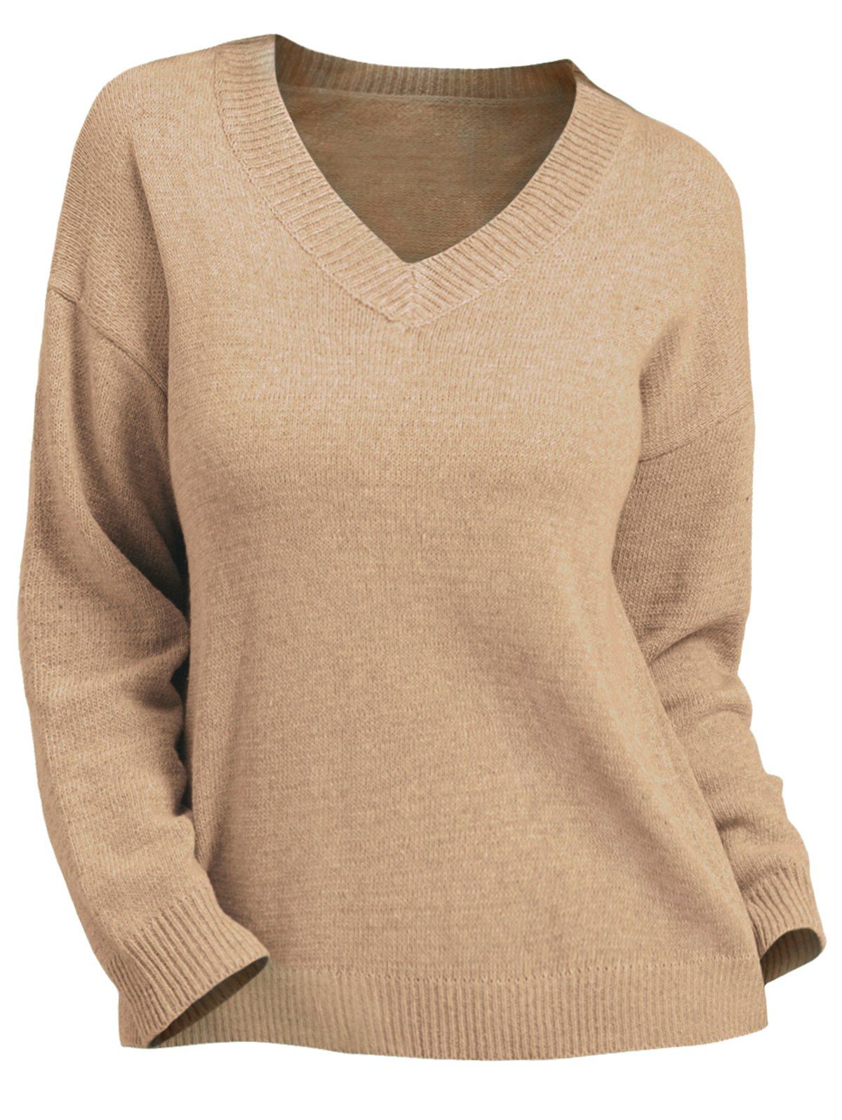 

Plus Size V Neck Solid Drop Shoulder Sweater, Fall leaf brown
