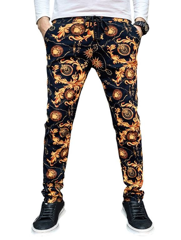 Pantalon Crayon Fleuri et Chaîne Imprimées à Cordon - Jaune XL