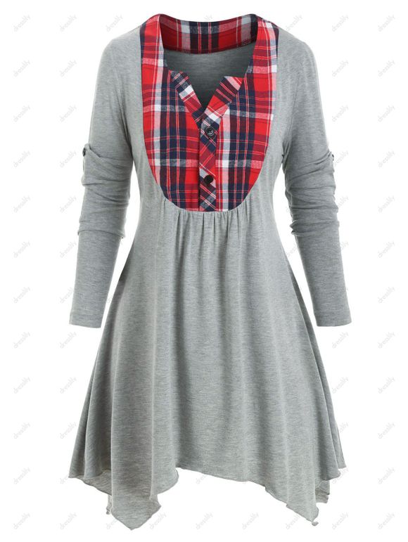 T-shirt Mouchoir Boutonné à Carreaux Inséré - Gris M