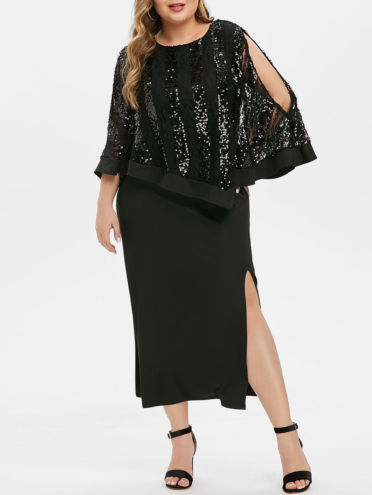 Plus Size Sequins High Slit Cape Party Dress - BLACK 4X