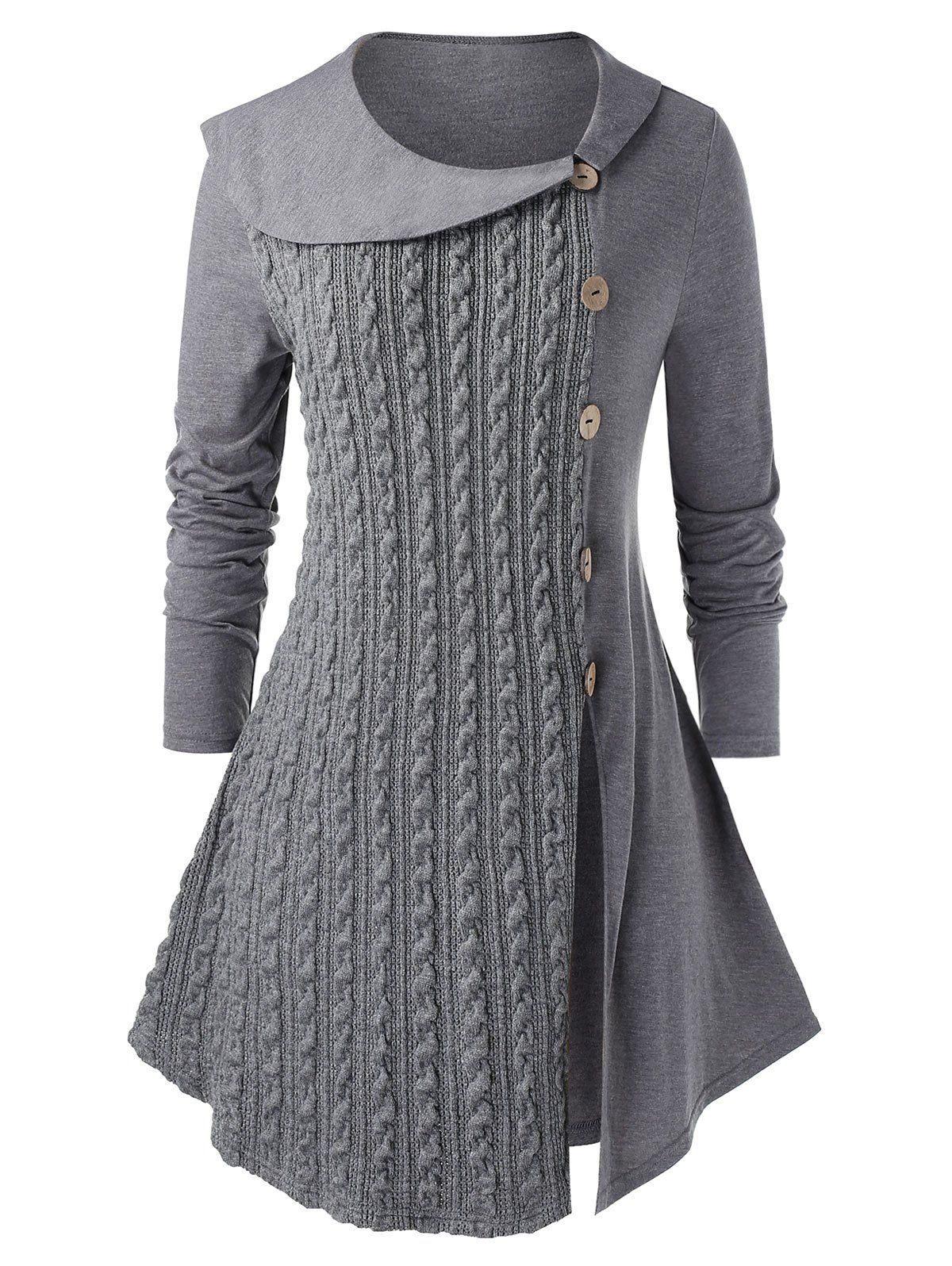 

Plus Size Mock Buttons Slit Marled Cable Knit Top, Gray