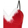 Plus Size Christmas Velvet Feather Panel Cami Babydoll - RED 1X