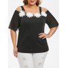 T-shirt Applique en Dentelle Epaule Ouverte à Manches en Dentelle de Grande Taille - Noir 4X