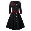 Robe Vintage Ajustée Evasée Boutonnée Ourlet à Carreaux - Noir 3X