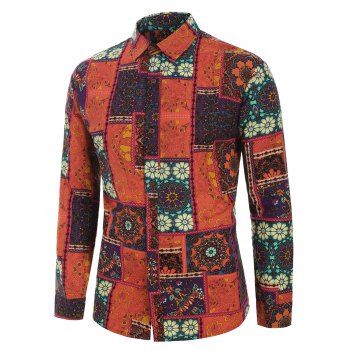 

Floral Geometric Splicing Print Long Sleeve Button Shirt, Red