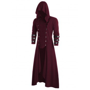 

Faux Leather Insert Button Up Gothic Hoodie, Firebrick